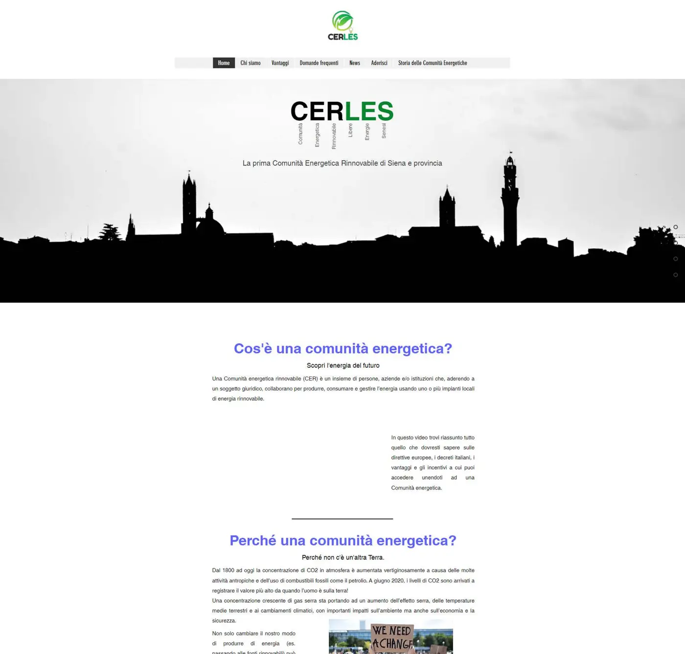 The final CERLES site: home with Siena skyline, “what is an energy community”, roles, and how to participate