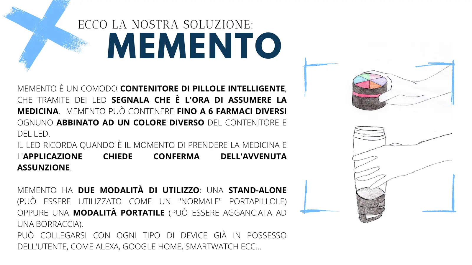 La soluzione Memento: sketch a mano del dock portapillole a codice colore e della modalità borraccia