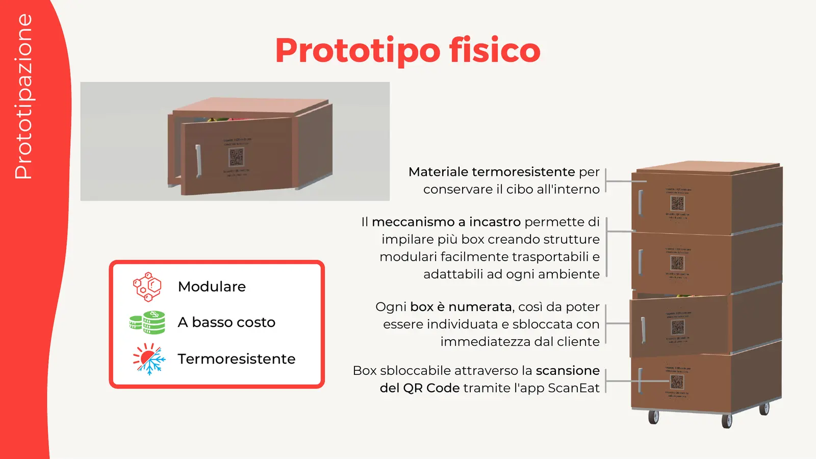 Render 3D della box modulare impilabile con QR code