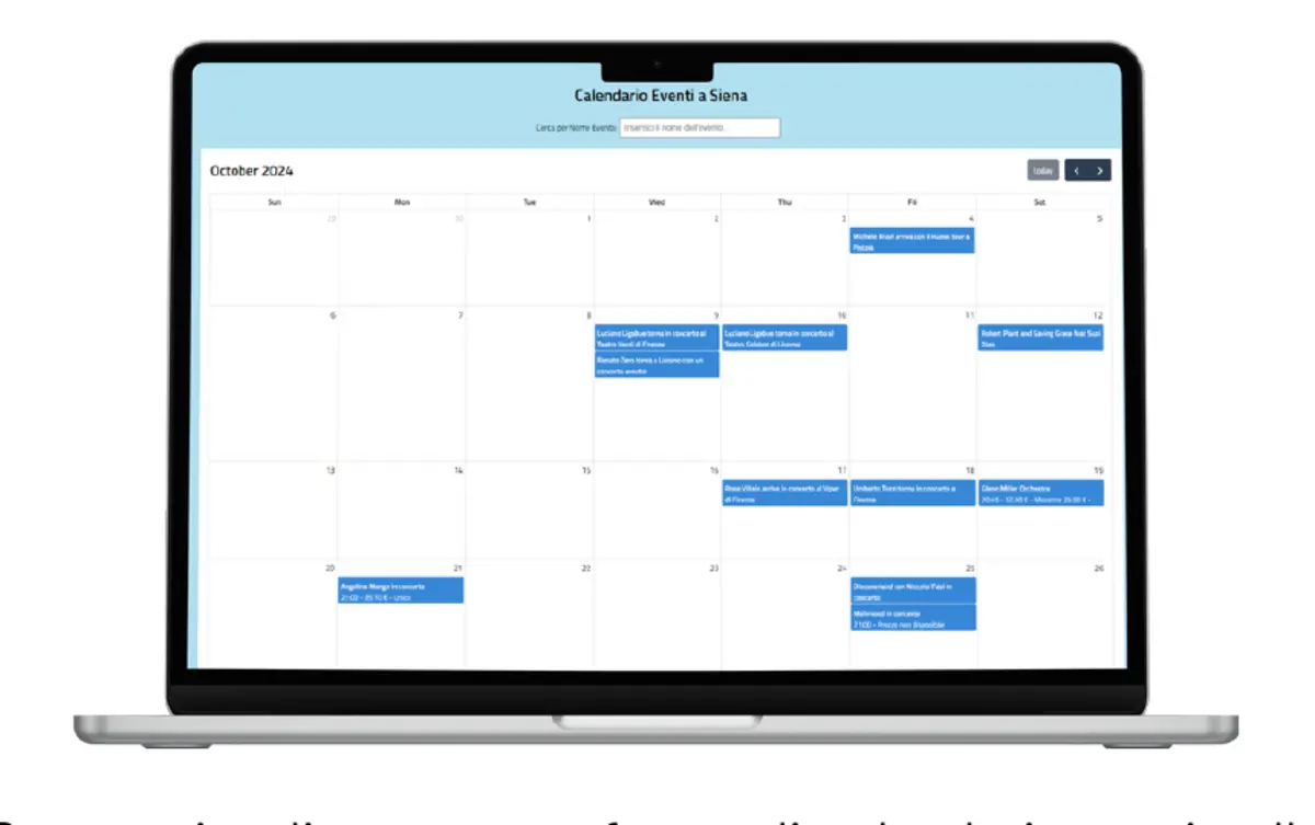 The working pipeline output: scraped events rendered in a FullCalendar web page