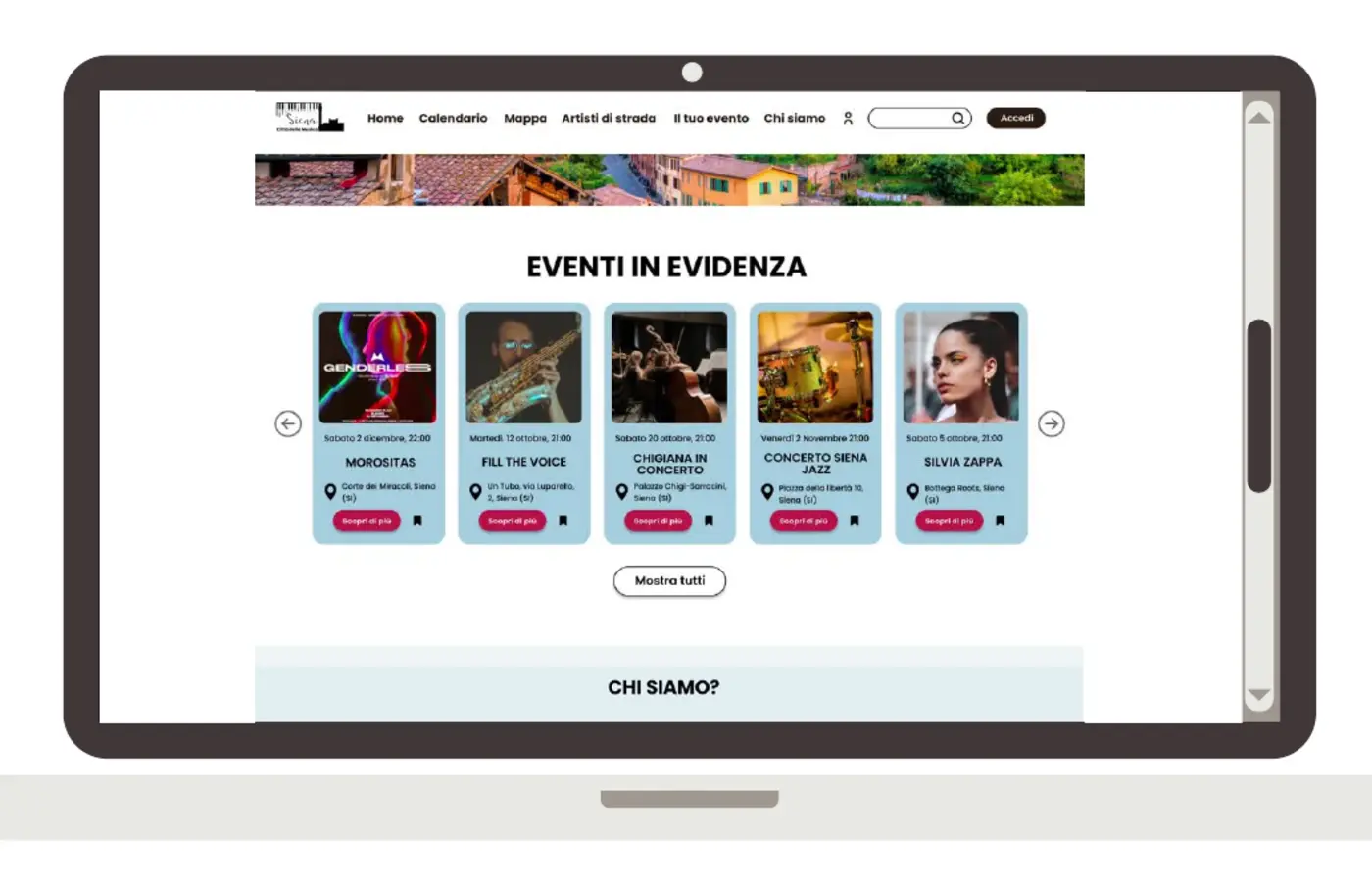 Hi-fi web prototype showing the “Featured events” carousel with Siena concerts