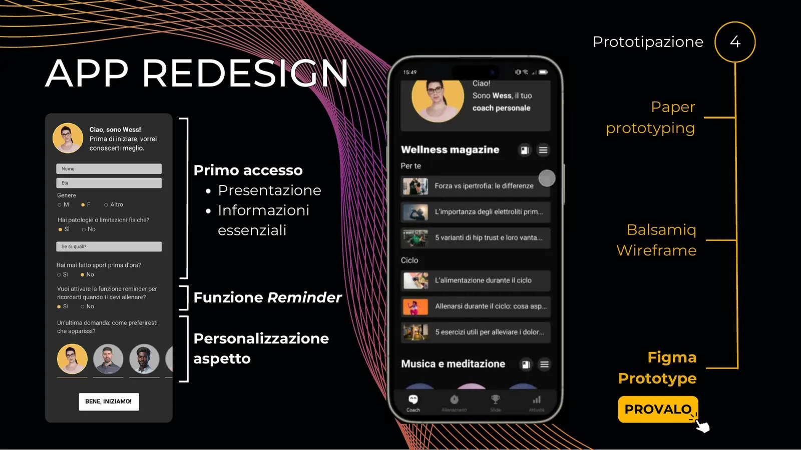 Redesign dell'app: onboarding con personalizzazione dell'avatar e home dark col wellness magazine
