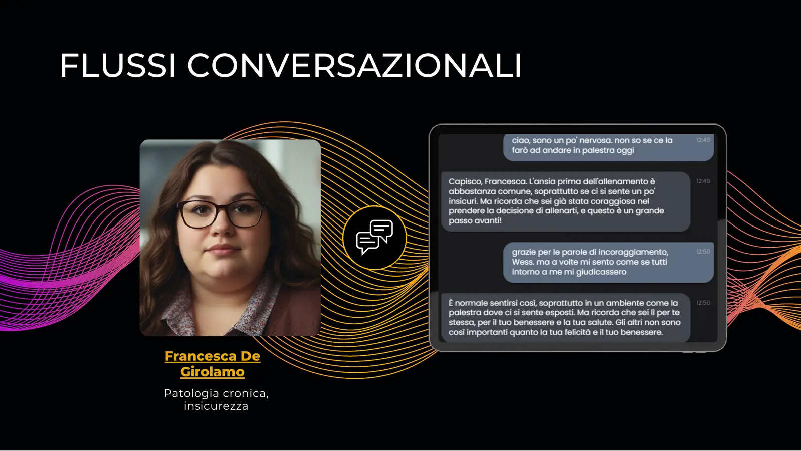Mockup su tablet dei flussi conversazionali per le personas